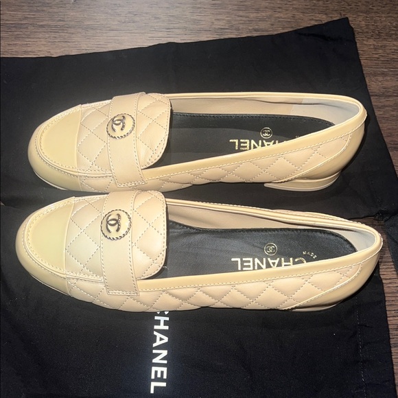 CHANEL Beige Quilted Leather Loafers w/Patent Leather Toe